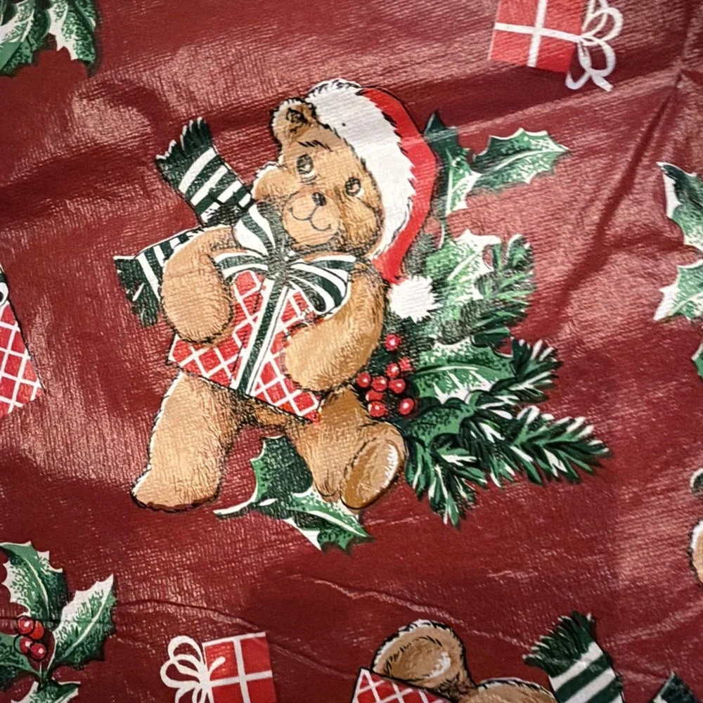 Vintage Vinyl Tablecloth Christmas Teddy Bears 87x50in Felt Backed